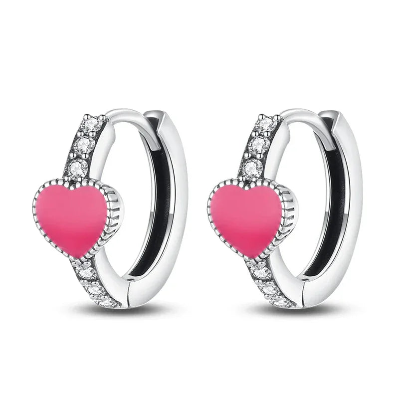 Boucles d'oreilles créoles huggies en argent sterling cœur rose romantique avec oxydes de zirconium