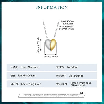 Gold Plated Heart Pendant Necklace For Women - 925 Sterling Silver Couple Heart Jewelry