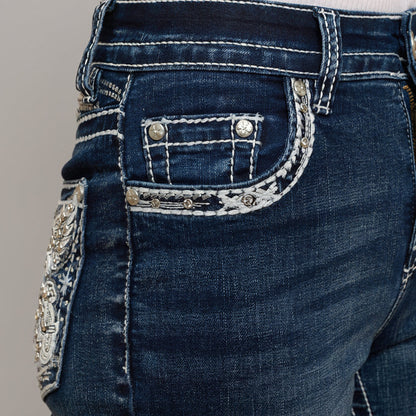 Skull Rider Women’s Bootcut Motorcycle Bling Jeans. High Waisted Embroidered Western Denim