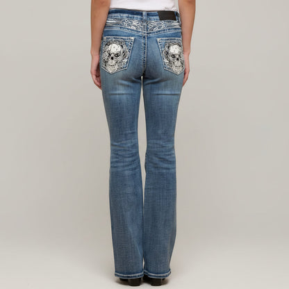 Skull Rider Women’s Skull & Rose Embroidered Bling Jeans. High Waisted Bootcut