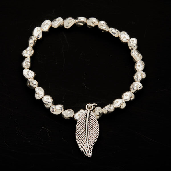 Leaf Charm Nugget Bracelet in Silver Plate