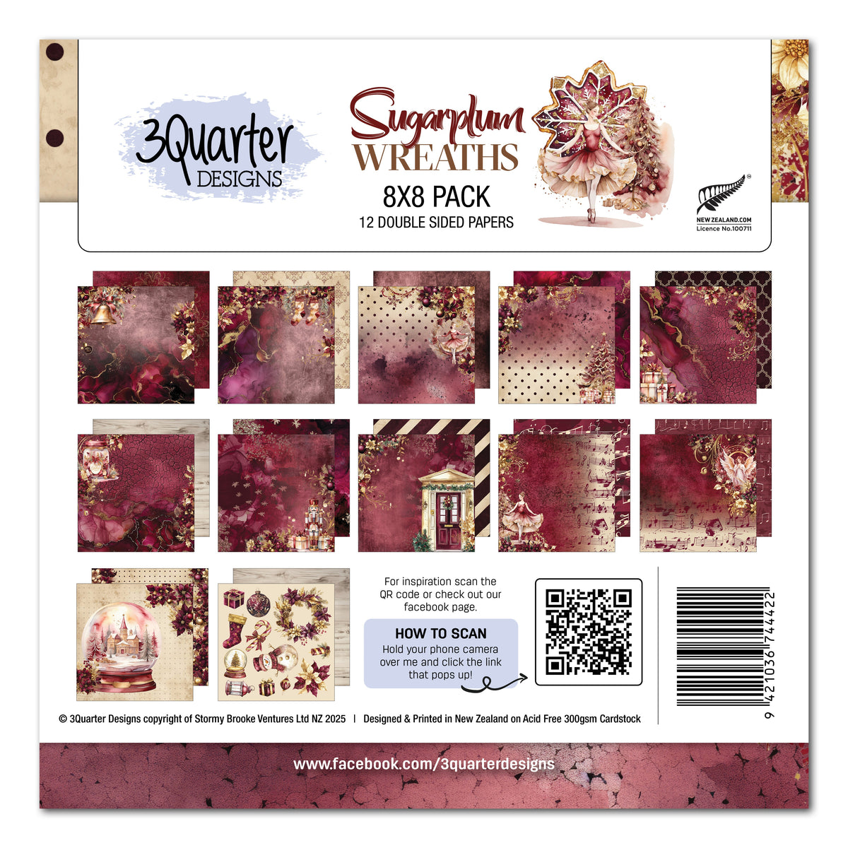 Lot de papiers 8x8 « Sugarplum Wreath » 3Quarter Designs
