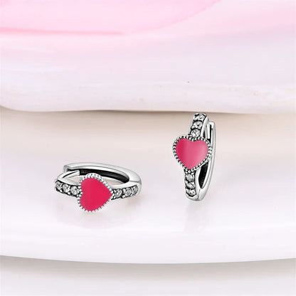 Boucles d'oreilles créoles huggies en argent sterling cœur rose romantique avec oxydes de zirconium