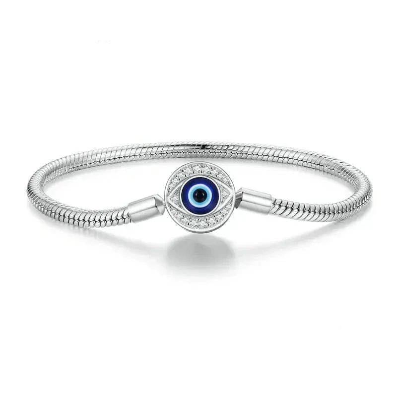Bracelet Porte-Bonheur Œil Grec en Argent Sterling avec Zircon Cubique – Chaîne Serpent