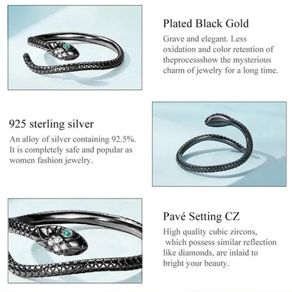 Bague Serpent Réglable en Argent Sterling 925 avec Zircon Vert - Bijou Fantaisie Disponible en 4 Couleurs