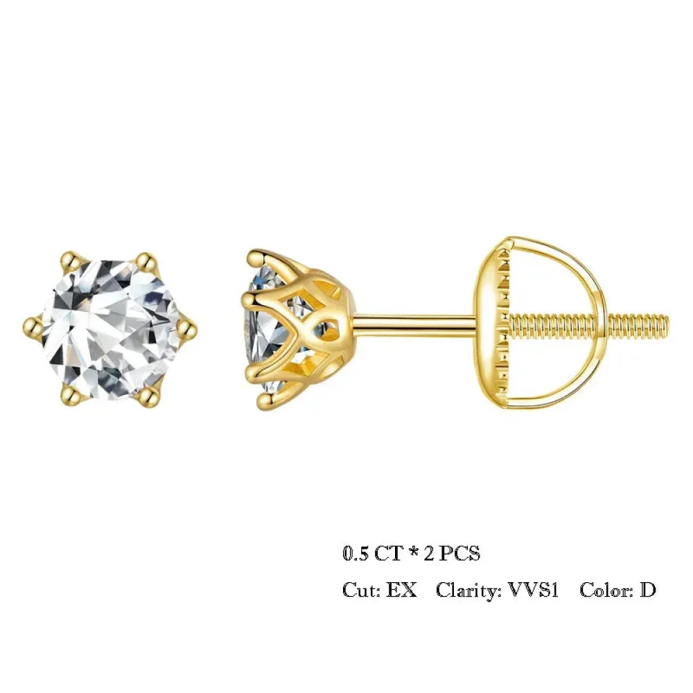 Puces d'oreilles rayonnantes en moissanite | Coupe ronde couleur D, argent 925 plaqué or
