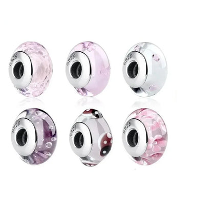 925 Sterling Silver Pink Flower Murano Glass Beads - Diy Bracelet Charms For A Festive Touch (Scz001)