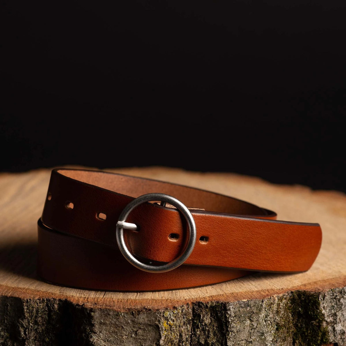 Sempre - Ceinture en cuir de vachette marron avec boucle circulaire - Fabriqué au Canada