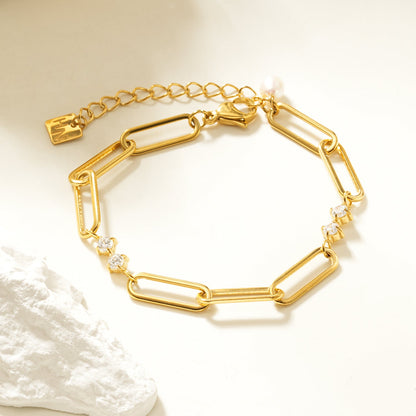 TIANINA Gold Bracelet: Paper Clip Chain with Zirconia Accents & a Freshwater Pearl Charm