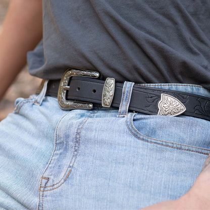 Western Black Hand-tooled Full-Grain Leather Belt
