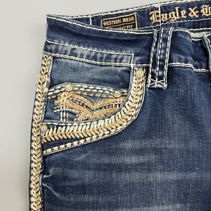 Eagle Warrior Men’s Premium Bootcut Jeans. Tribal Embroidered 7-Pocket Stretch Denim