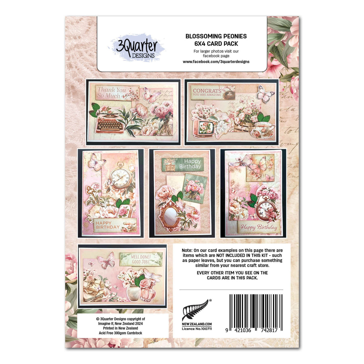Pochette de 6 cartes 3Quarter Designs Pivoines épanouies 15,2 x 10,2 cm