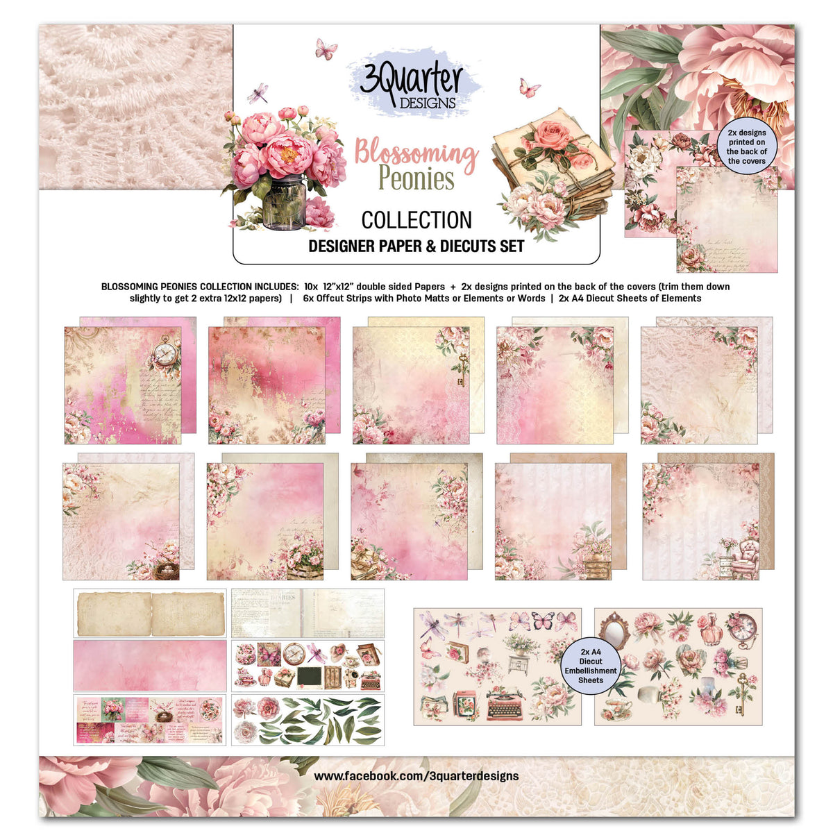 3Quarter Designs Papier et Découpes 12x12 Pivoines Épanouies