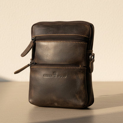 Greenwood Leather Mini Crossbody Bag. Premium 3-Zipper Travel Organizer