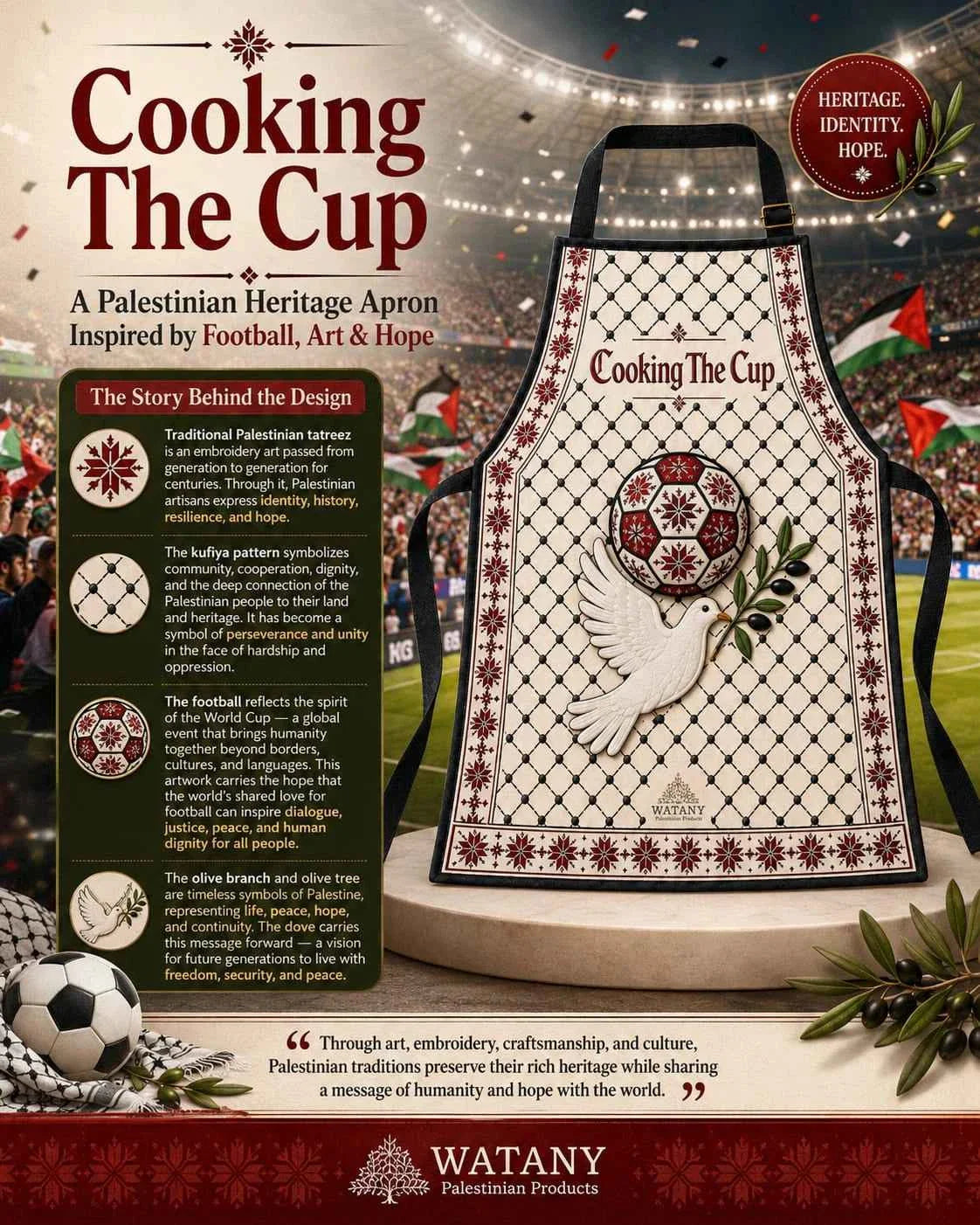 Palestinian Tatreez Apron | Cooking the Cup Heritage Kitchen Apron with Kufiya & Football Design