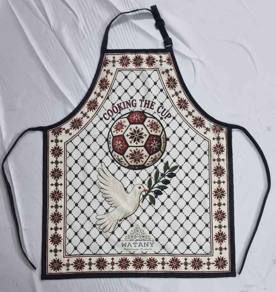 Palestinian Tatreez Apron | Cooking the Cup Heritage Kitchen Apron with Kufiya & Football Design