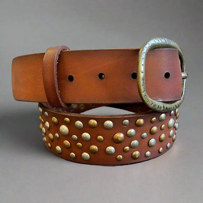 Ceinture en cuir pleine fleur pour femme avec boucle ovale et clous