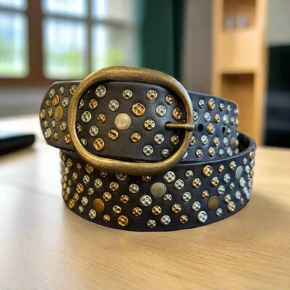 Ceinture en Cuir Pleine Fleur avec Clous et Boucle Ovale pour Femme