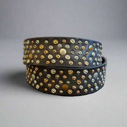 Ceinture en Cuir Pleine Fleur avec Clous et Boucle Ovale pour Femme