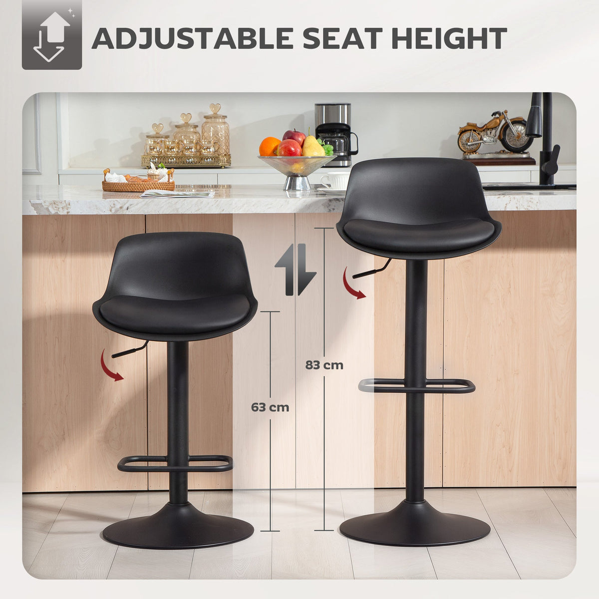 Tabourets de comptoir/bar Zee (lot de 2) avec hauteur réglable et siège pivotant - Noir