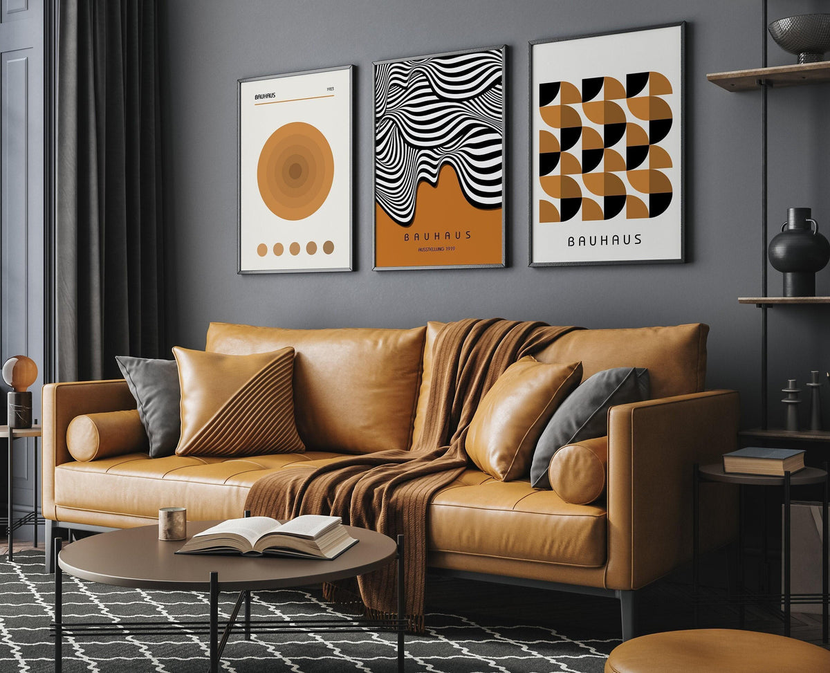Bauhaus Art Prints: Mid-Century Modern Trio, Brown Geometric Posters