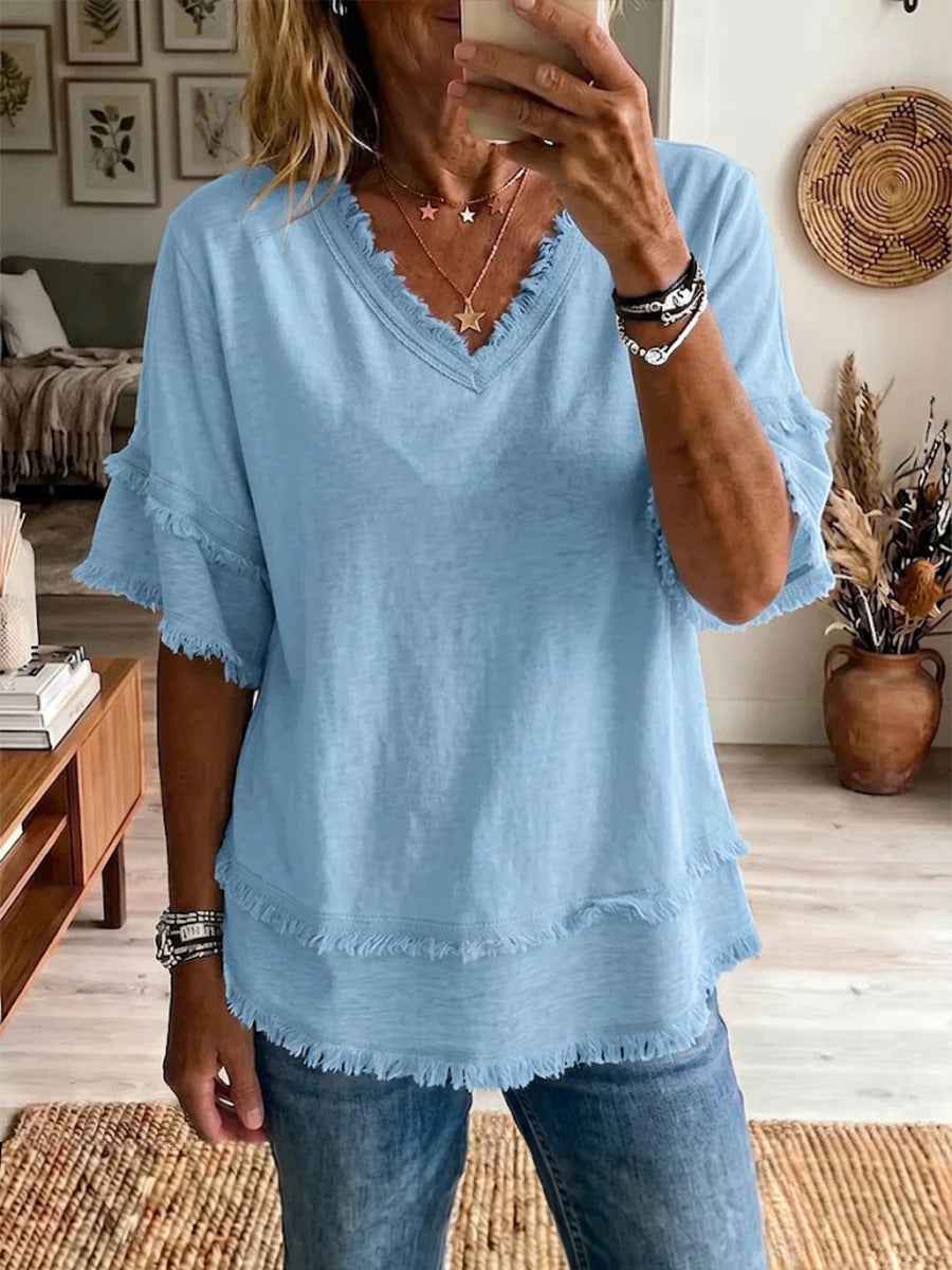 Casual Women's Shirt V-Neck Short Sleeve Loose Fit Pure Color Summer Fashion Trend Pullover Tops For Daily Wear
