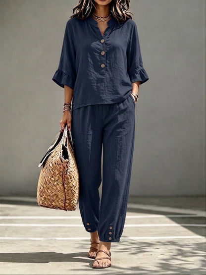 Women’s 2-Piece Casual V-Neck Top & Cropped Wide-Leg Pants Set – Retro Office Outfit
