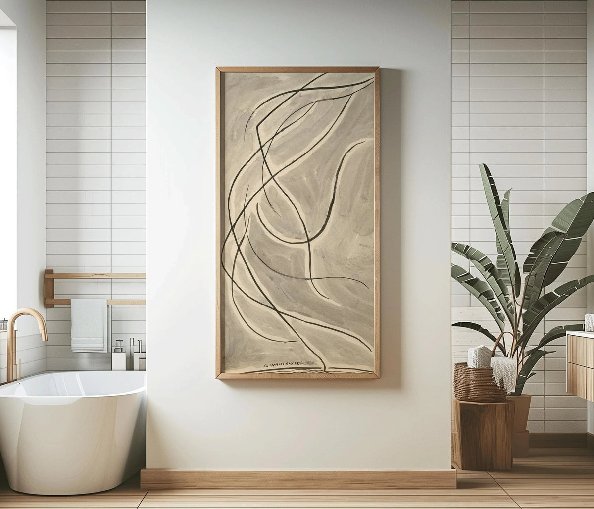 Estampe d'art abstraite Abraham Walkowitz Dance : Art linéaire moderniste beige