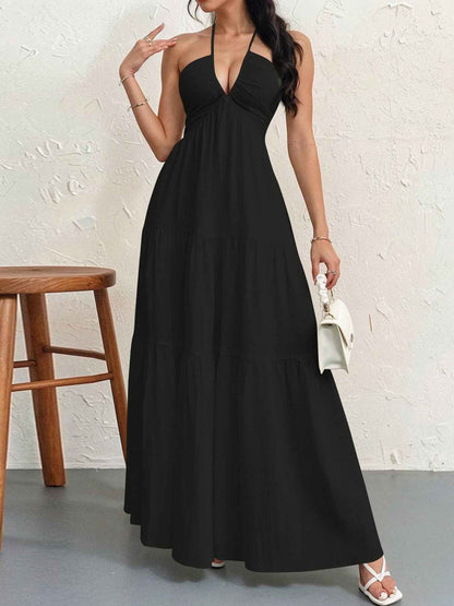 Backless Halterneck V-Neck Pleated A- Line Dress Women's Clothing One-Piece Dress Ankle-length Skirt For Beach Vacation Outfits