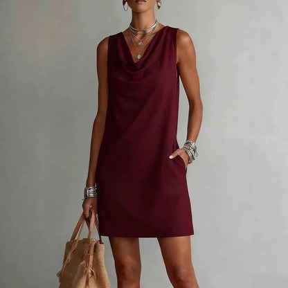 Women's Elegant Summer Dress – Draped Cowl Neck Slim Fit Midi Dress