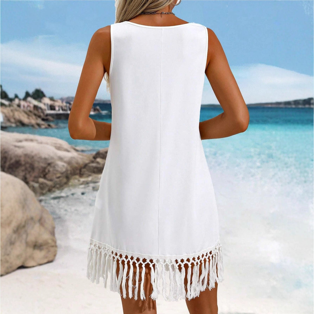 Women's Solid-Color European & American Style Tassel Dress – Sleeveless Asymmetrical Mid-Length Dress