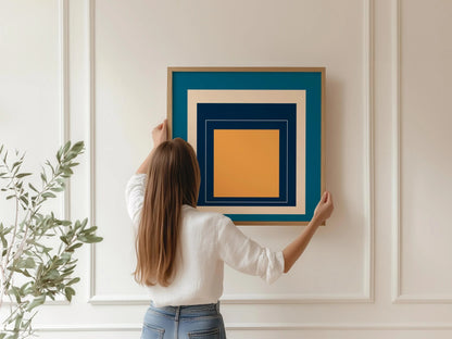 Impression Giclée « Métro » inspirée de Josef Albers : Art moderne du milieu du siècle, hommage au carré bleu et orange