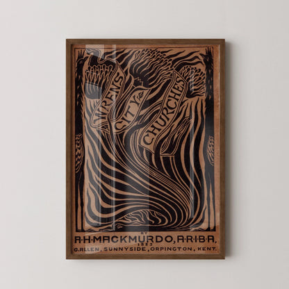 Gravure d'art Les églises de la Cité d'Arthur Haygate Mackmurdo : Affiche de couverture de livre vintage