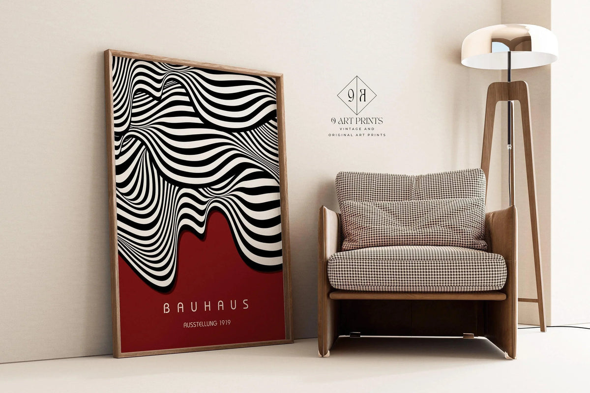 AFFICHE Bauhaus Exposition Rouge Foncé (Vagues) | Poster Vintage Moderne Mid-century (Disponible encadrée à la main ou non encadrée)