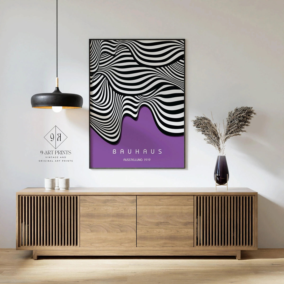 Affiche d'art Bauhaus Waves : Lilas profond moderne du milieu du siècle