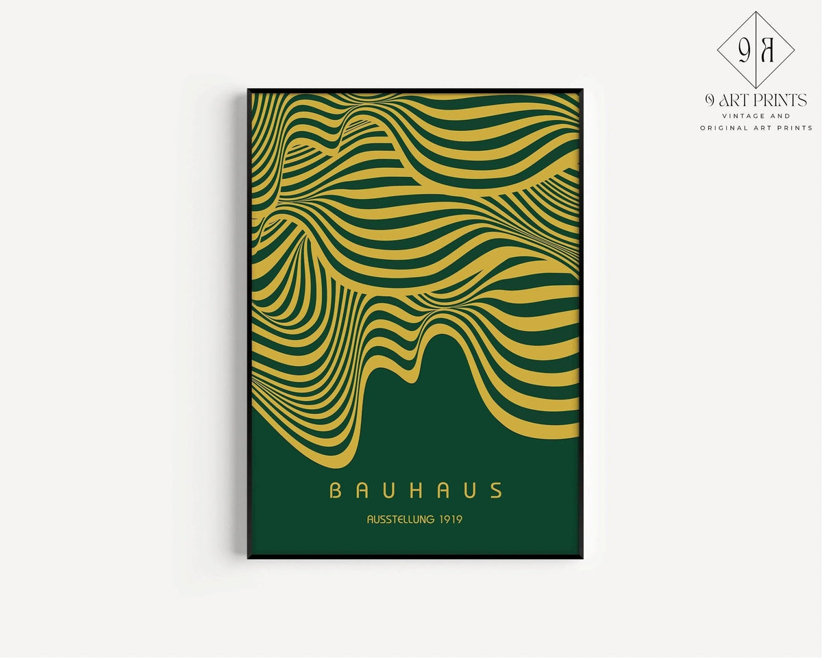 Affiche Bauhaus Exposition Vert Forêt et Or (Vagues) | Poster Rétro Moderne Milieu de Siècle (Disponible encadré à la main)