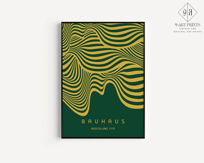 Affiche Bauhaus Exposition Vert Forêt et Or (Vagues) | Poster Rétro Moderne Milieu de Siècle (Disponible encadré à la main)