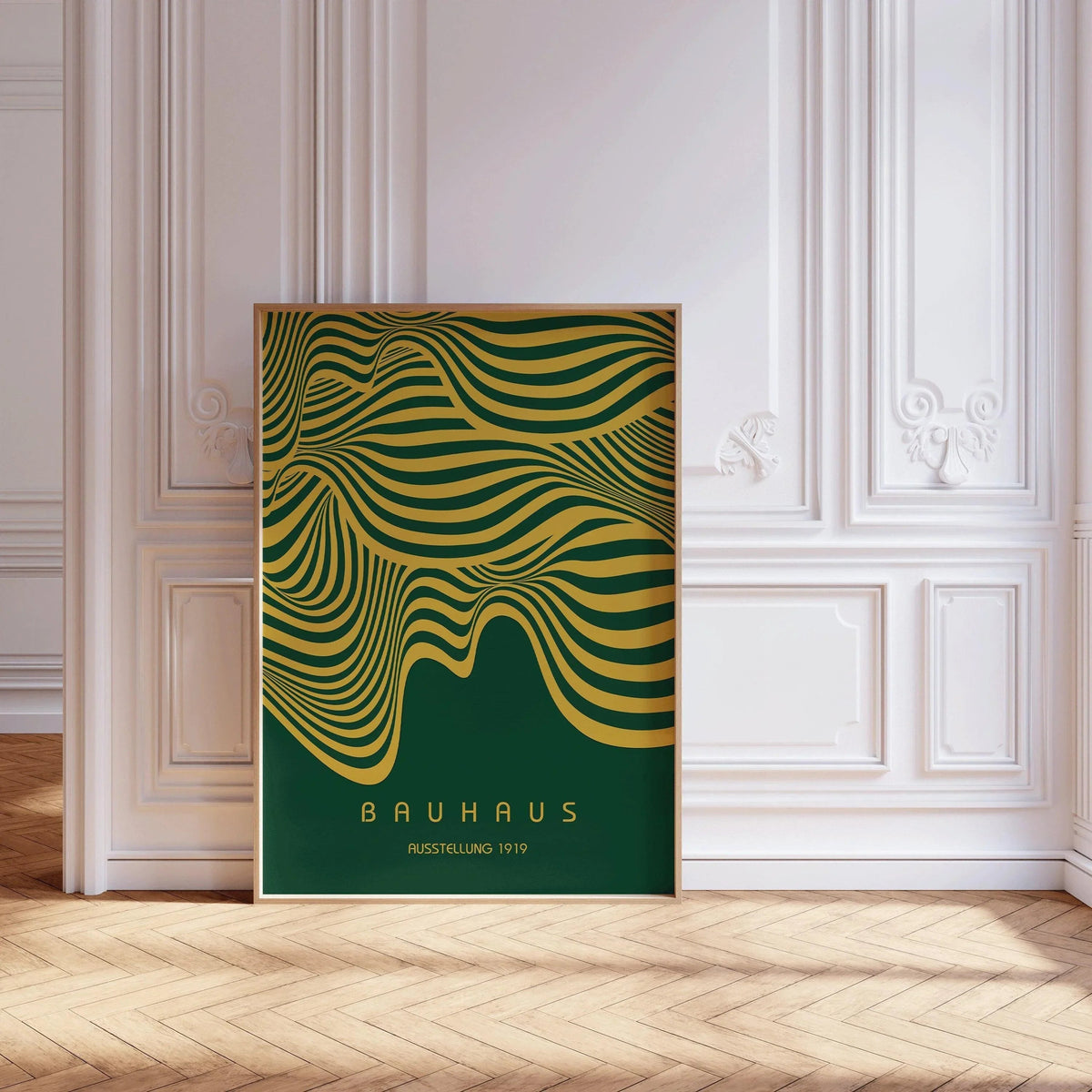 Affiche Bauhaus Exposition Vert Forêt et Or (Vagues) | Poster Rétro Moderne Milieu de Siècle (Disponible encadré à la main)