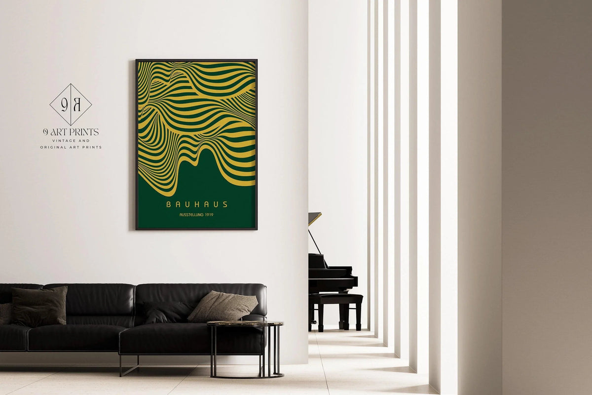 Affiche Bauhaus Exposition Vert Forêt et Or (Vagues) | Poster Rétro Moderne Milieu de Siècle (Disponible encadré à la main)