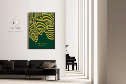 Affiche Bauhaus Exposition Vert Forêt et Or (Vagues) | Poster Rétro Moderne Milieu de Siècle (Disponible encadré à la main)