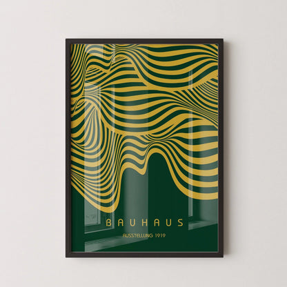 Affiche Bauhaus Exposition Vert Forêt et Or (Vagues) | Poster Rétro Moderne Milieu de Siècle (Disponible encadré à la main)