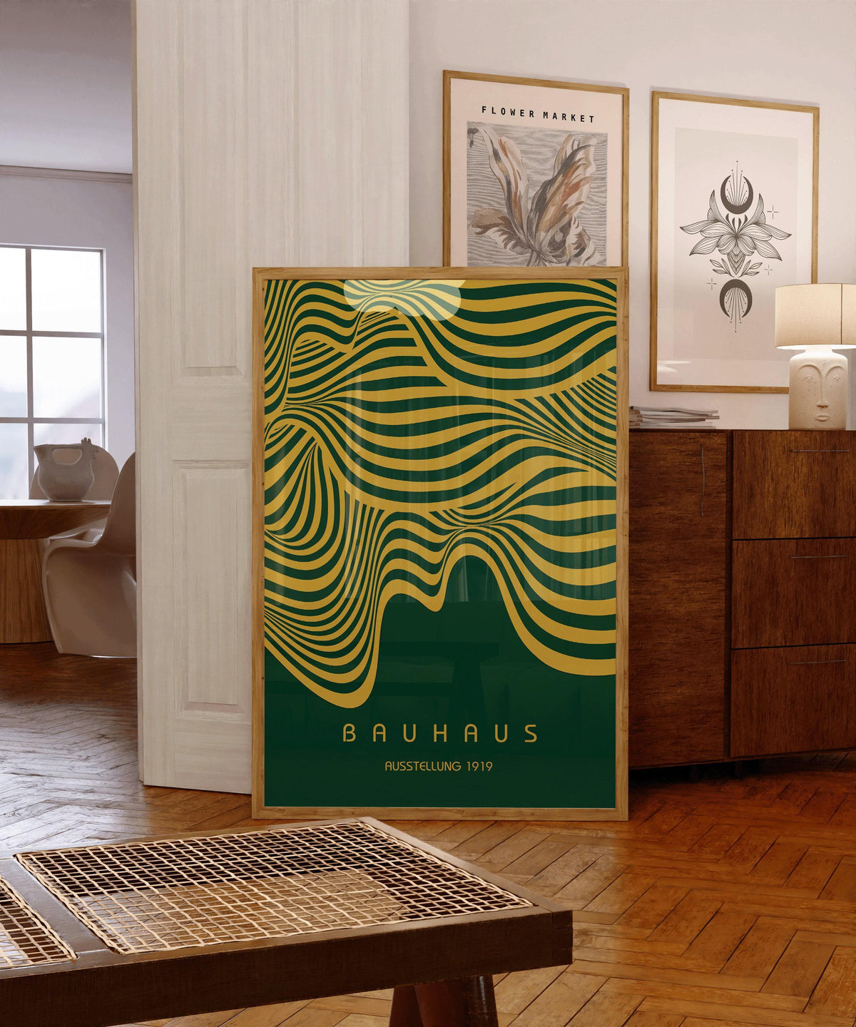 Affiche Bauhaus Exposition Vert Forêt et Or (Vagues) | Poster Rétro Moderne Milieu de Siècle (Disponible encadré à la main)
