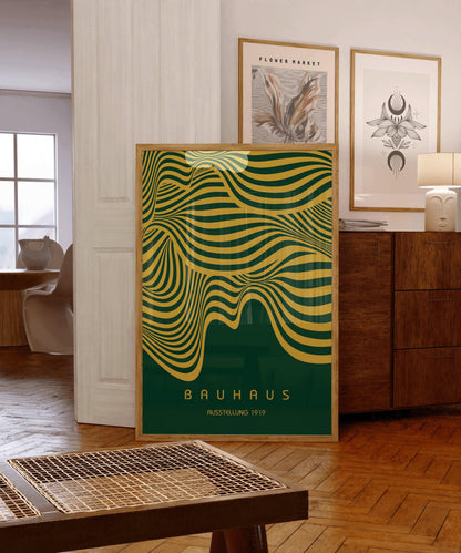 Affiche Bauhaus Exposition Vert Forêt et Or (Vagues) | Poster Rétro Moderne Milieu de Siècle (Disponible encadré à la main)