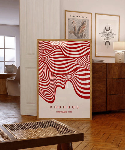Bauhaus Ausstellung Red and White (Waves) PRINT | Vintage Mid-century Modern Poster (Available handframed or unframed)