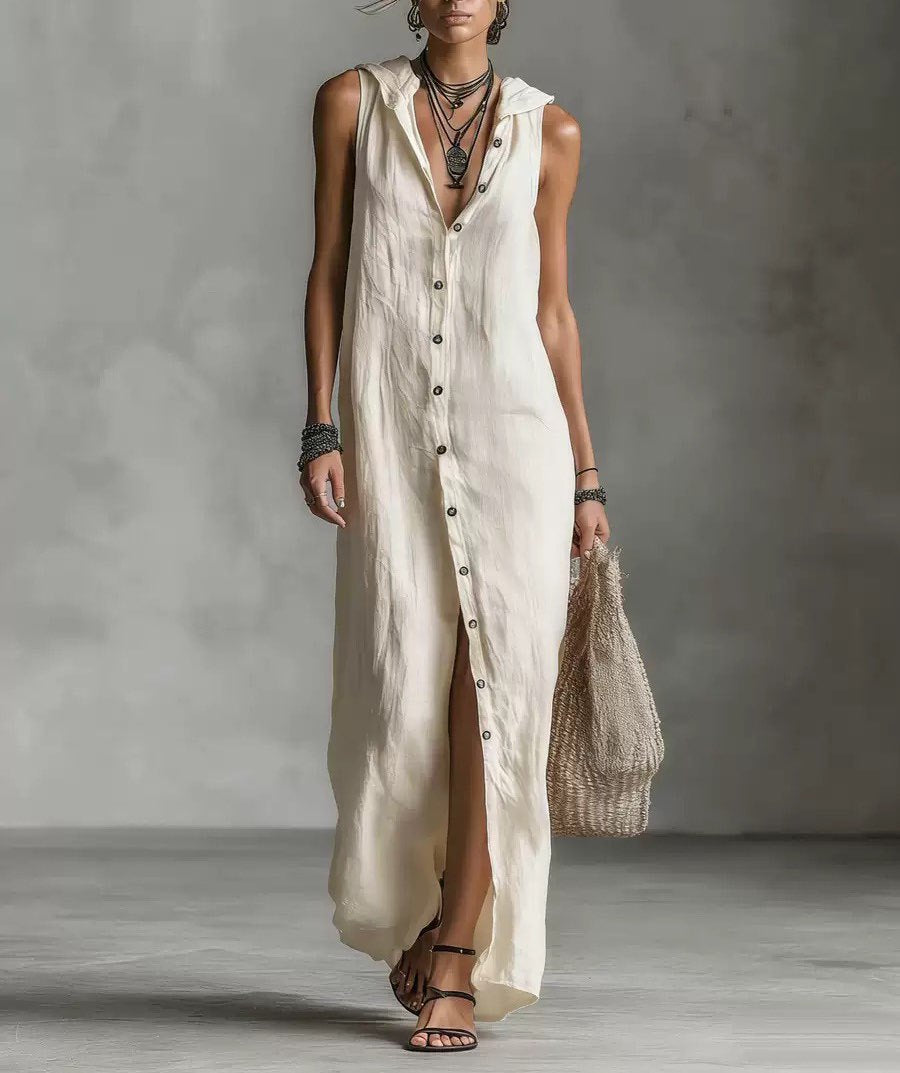Women's Hooded Sleeveless Button-Down Split Maxi Dress – Casual Vacation Long Dress for Spring & Summer