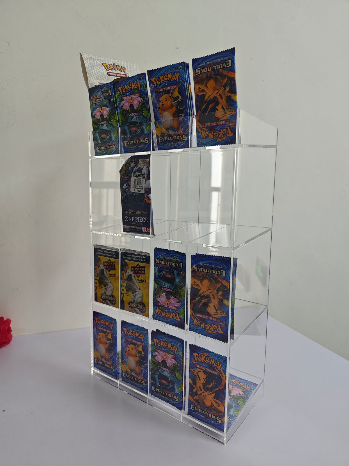 Présentoir en acrylique EVORETRO pour les packs distributeurs de boosters – Présentoir de comptoir avec étagère supérieure