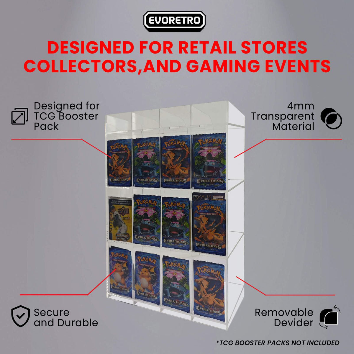 Présentoir en acrylique EVORETRO pour les packs distributeurs de boosters – Présentoir de comptoir avec étagère supérieure