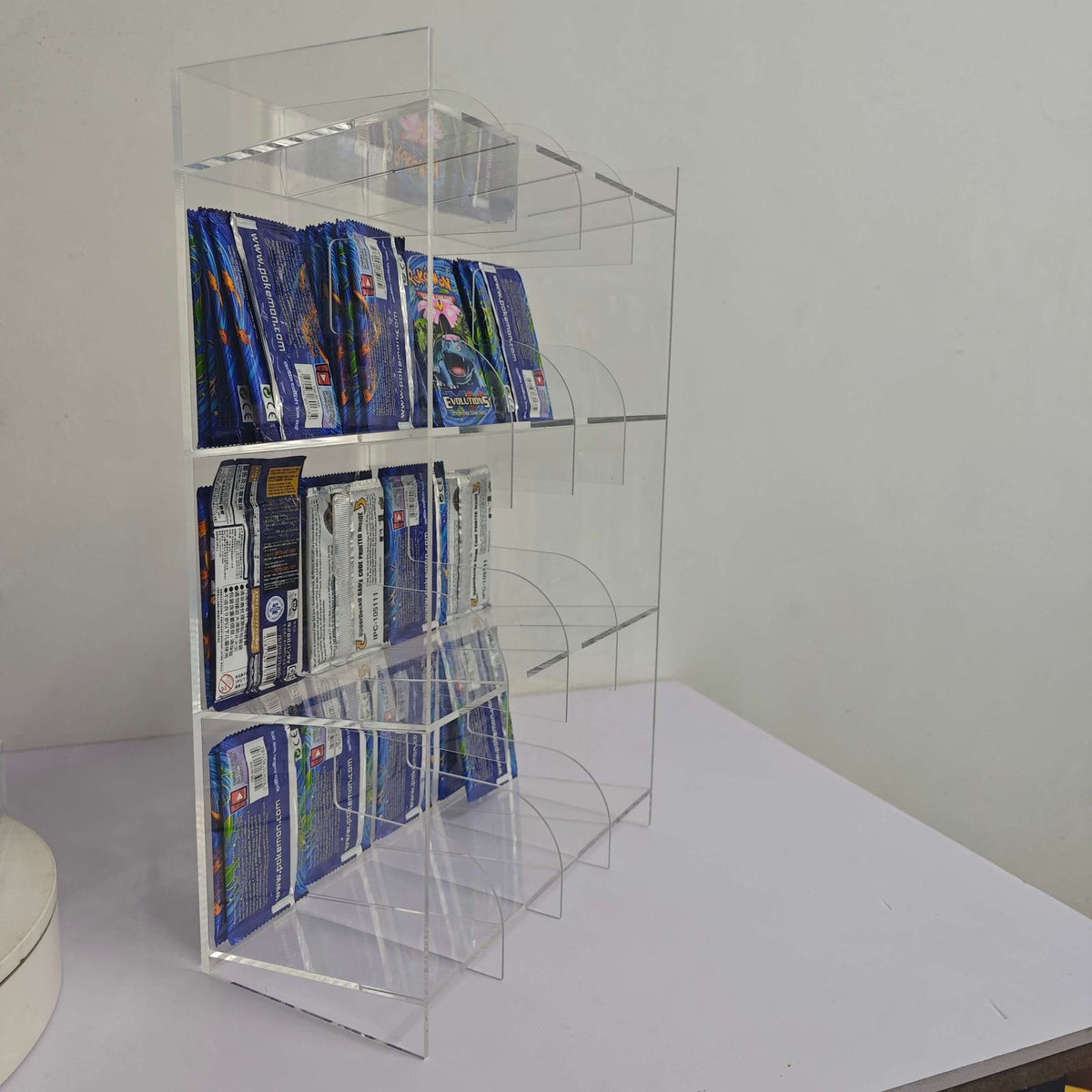 Présentoir en acrylique EVORETRO pour les packs distributeurs de boosters – Présentoir de comptoir avec étagère supérieure