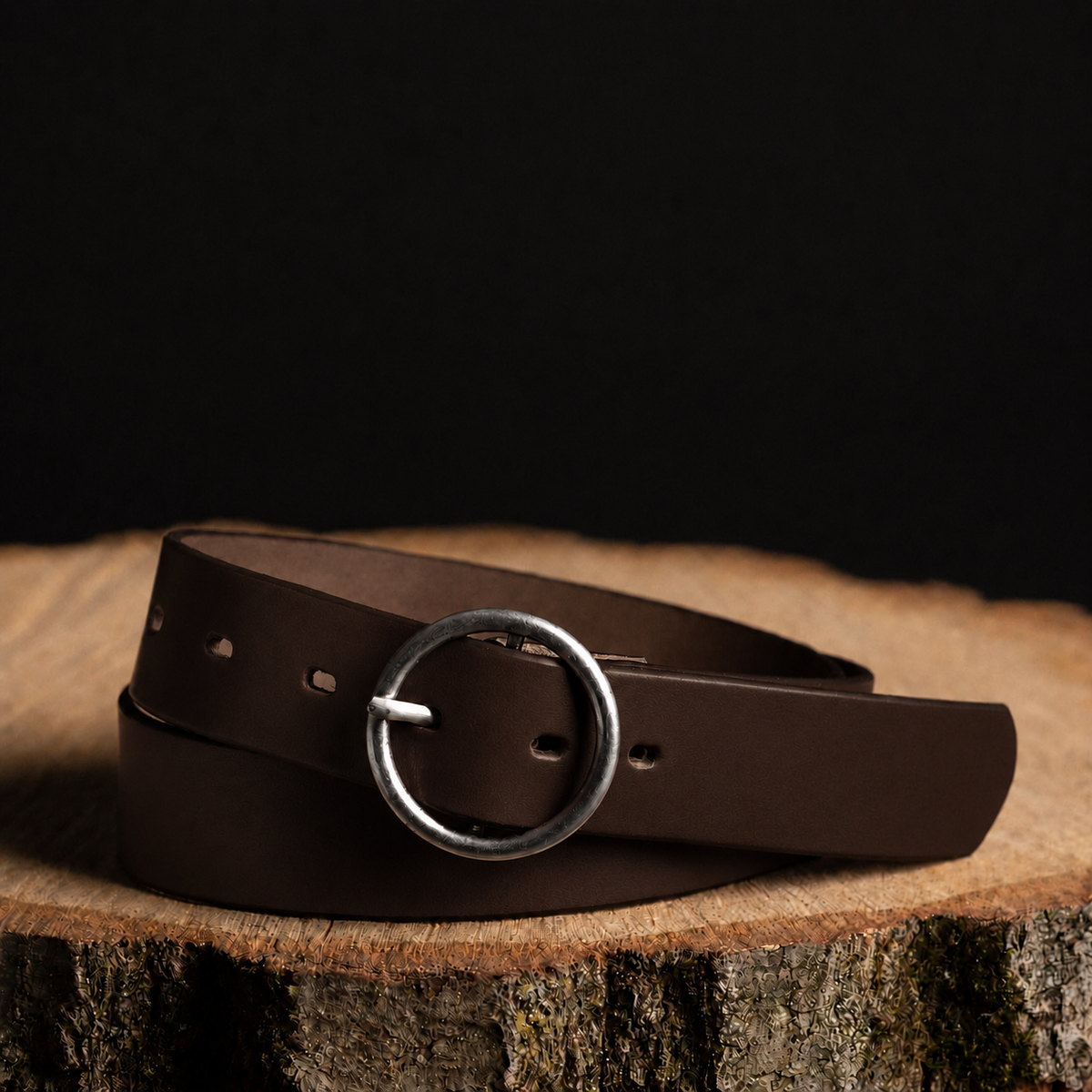 Sempre - Ceinture en cuir de vachette marron avec boucle circulaire - Fabriqué au Canada