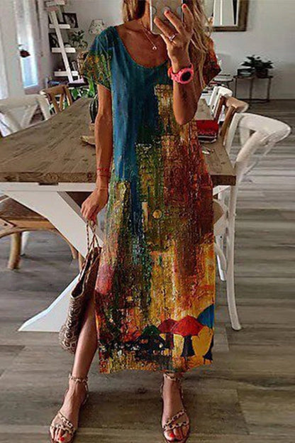 Women’s Elegant 3D Print Summer Dress – Split Hem Mid-Length Fashion Dress